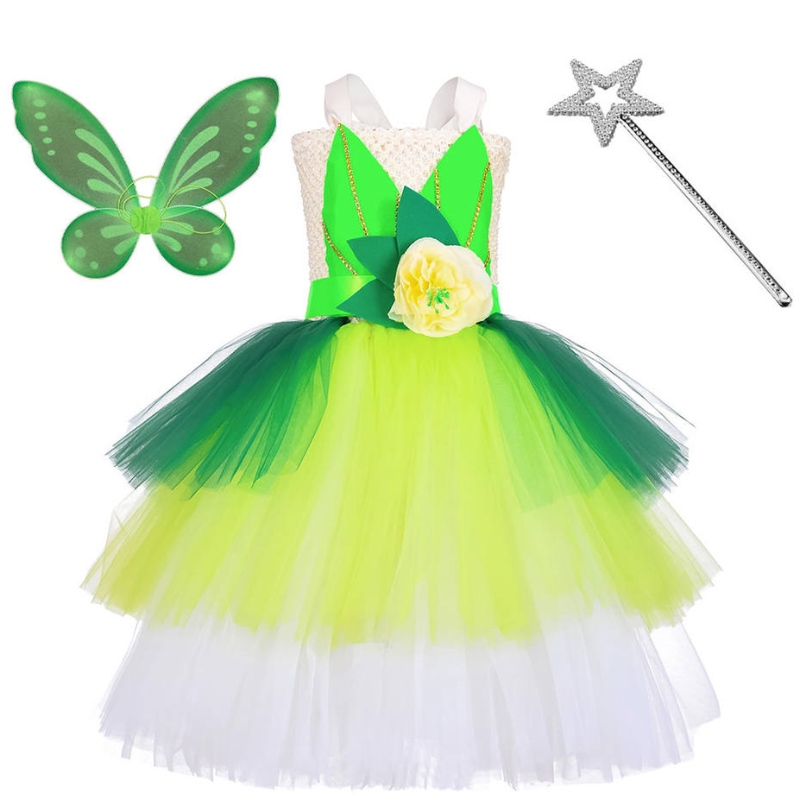Halloween cosplay principessa bambine party green flower fata tinker abbigliamento costume da elfo con set di ali farfalle