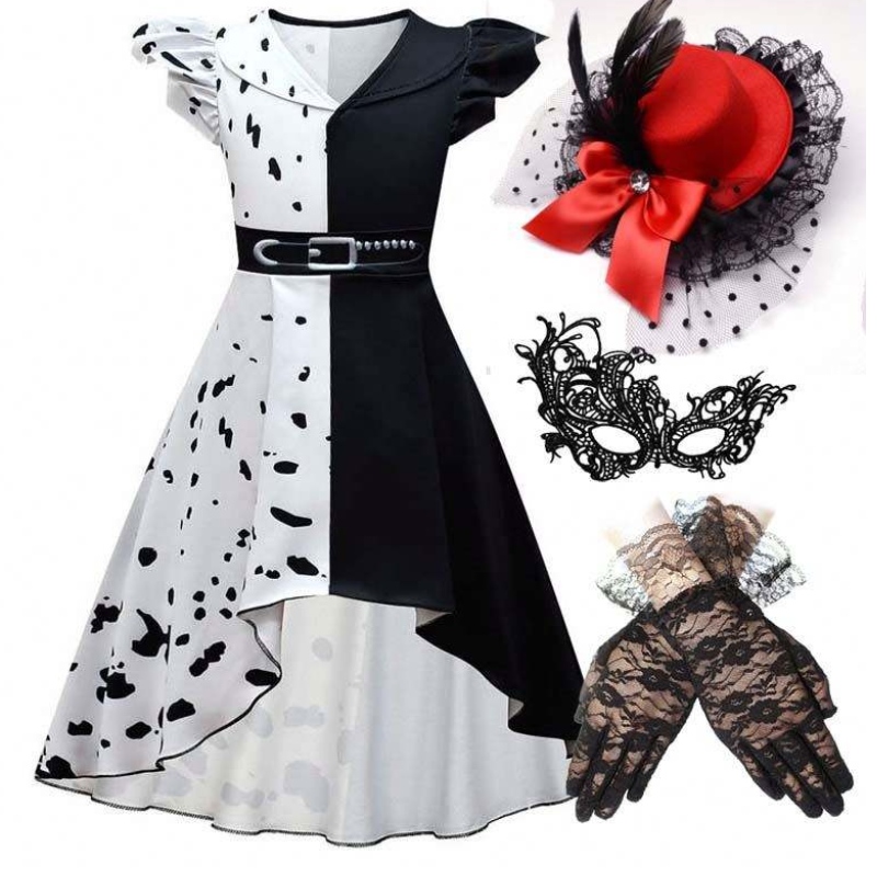 Halloween Cosplay Costume Girls Black White Role Play Cruella Costume Set completo DGHC-141