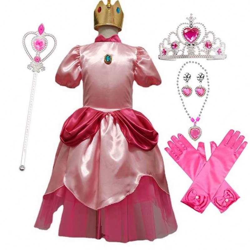 Carnival cosplay bambine partynatalizio super fratello cartone animato costume di pesca principessa rosa con corona HCMU-006