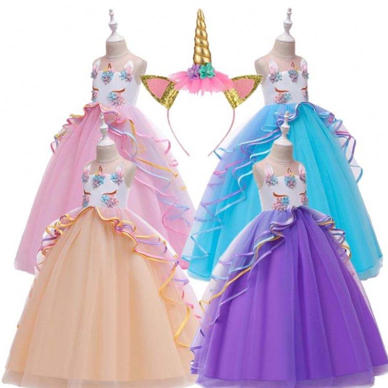 Baige 3-15 anni Girl Unicorn Party Dresses Ruffles Abbigliamento per bambini costume da festa di compleanno Abito da festa
