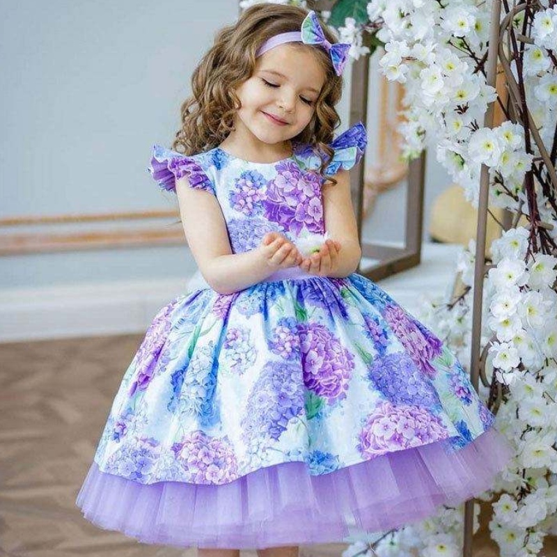 Baige Ultimi vestiti di stampa floreale per bambini per 3 anni abiti da damigella d\'onore per feste