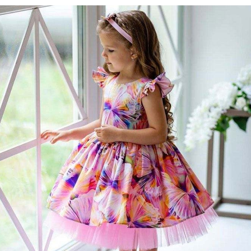 Baige Ultimi vestiti di stampa floreale per bambini per 3 anni abiti da damigella d\'onore per feste