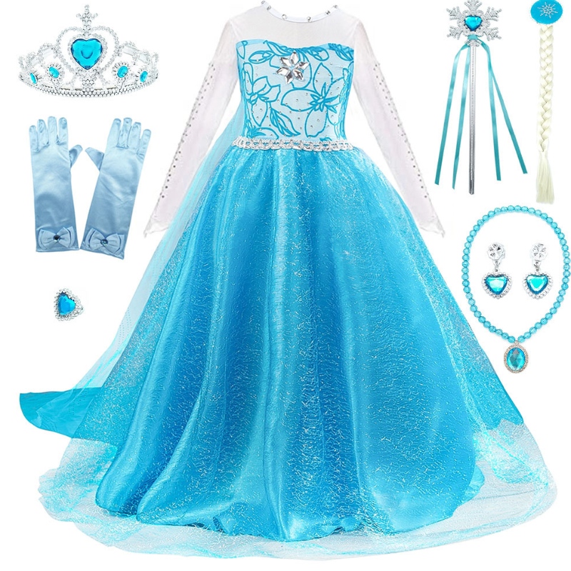 Girls Elsa che si veste con bambini in treno in pernaggio a maniche lunghe stampe aneve di Halloween Carnival Party Princess Costume