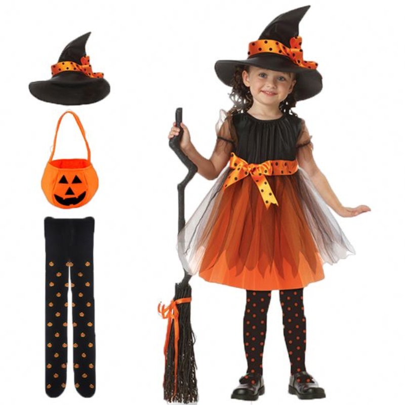 Abbigliamento da strega set di abiti cappello sacca di zucca collatyhose ragazze ragazze halloween costume costume adolescenti abiti da bambina