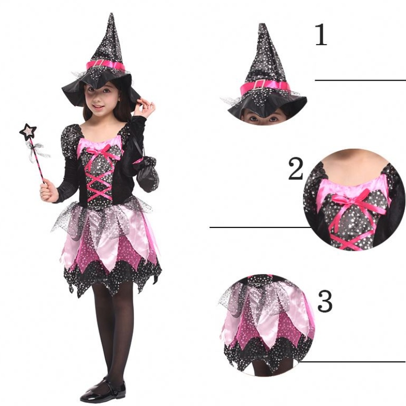 Bacchette per bambini vestiti abiti da strega di Halloween costume scintillanti ad abito da cosplay stampato con cappello appuntito