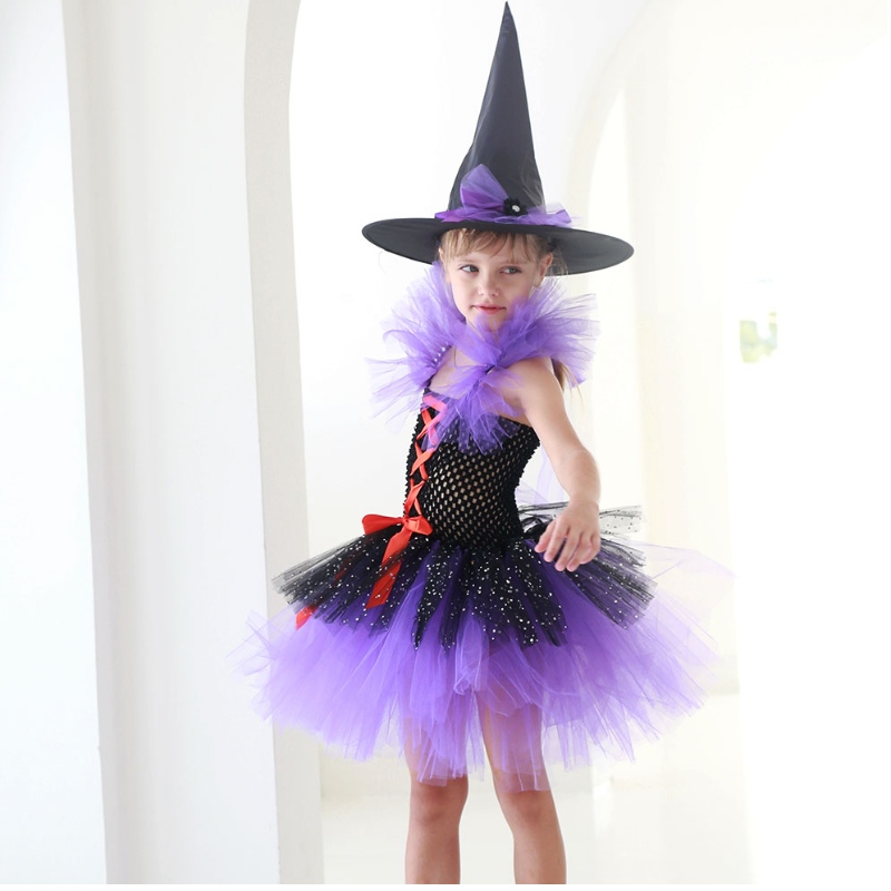 Amazon Hot Selling Tutu Witch Dress costume per ragazze con cappello da stregone Halloween Carnival Party